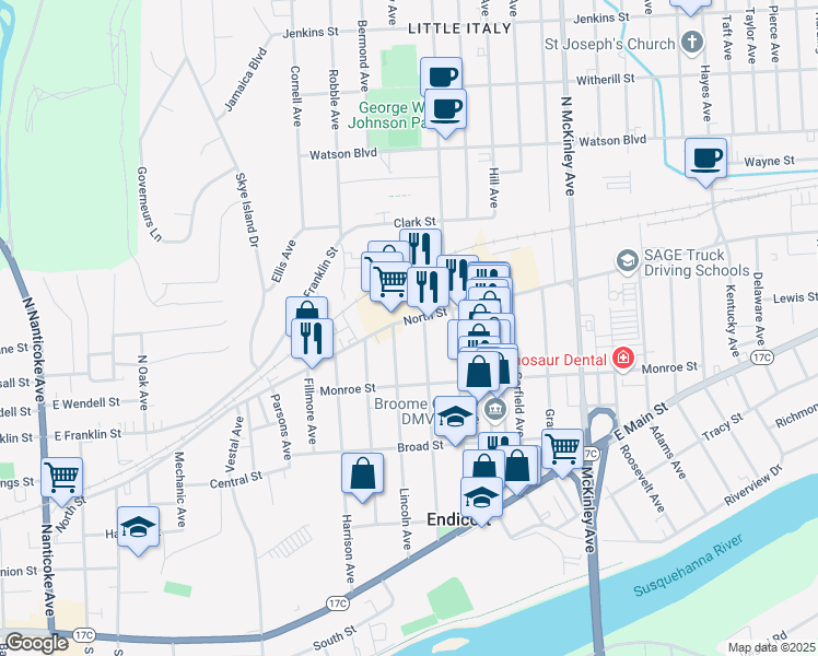 map of restaurants, bars, coffee shops, grocery stores, and more near 9 Lincoln Avenue in Endicott