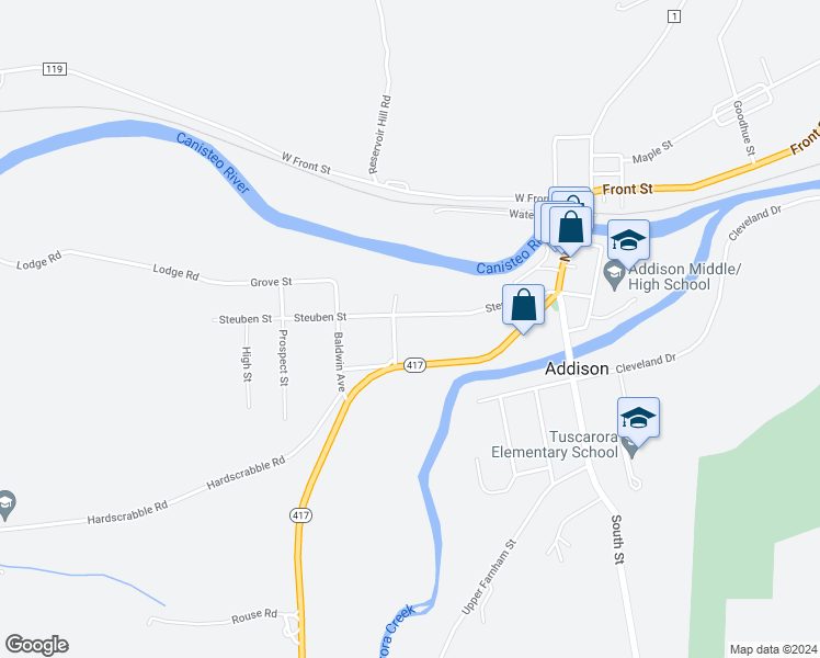 map of restaurants, bars, coffee shops, grocery stores, and more near 47 Tuscarora Street in Addison