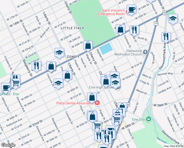 map of restaurants, bars, coffee shops, grocery stores, and more near 2916 Hazel Street in Erie