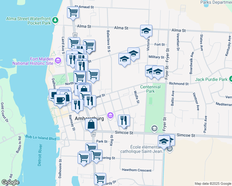 map of restaurants, bars, coffee shops, grocery stores, and more near 208 Brock Street in Amherstburg