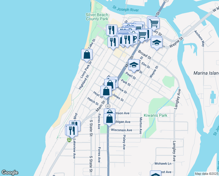 map of restaurants, bars, coffee shops, grocery stores, and more near 1000 Main Street in St. Joseph