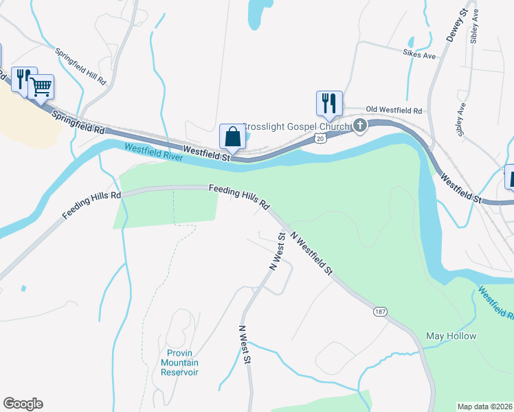 map of restaurants, bars, coffee shops, grocery stores, and more near 1207 North Westfield Street in Agawam