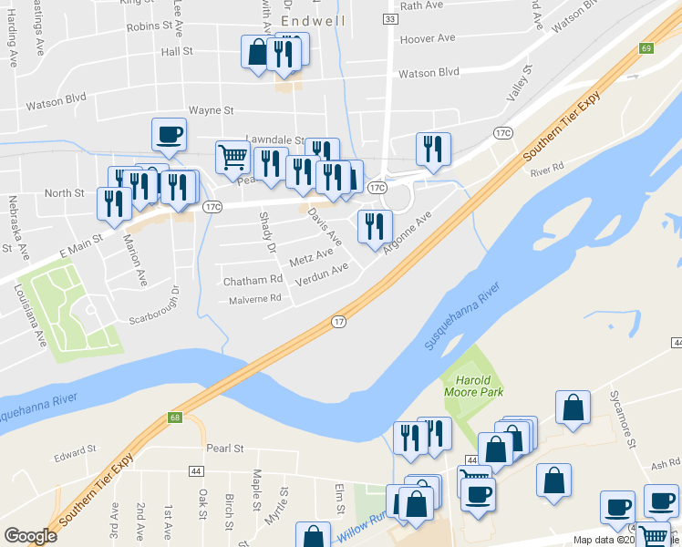 map of restaurants, bars, coffee shops, grocery stores, and more near 3222 Verdun Avenue in Endicott