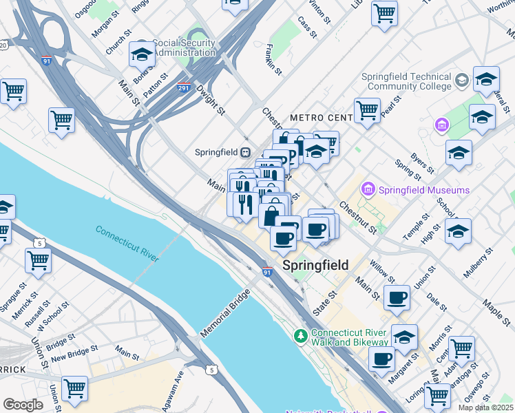 map of restaurants, bars, coffee shops, grocery stores, and more near 1607 Main Street in Springfield