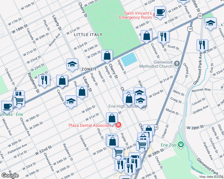 map of restaurants, bars, coffee shops, grocery stores, and more near 2916 Hazel Street in Erie
