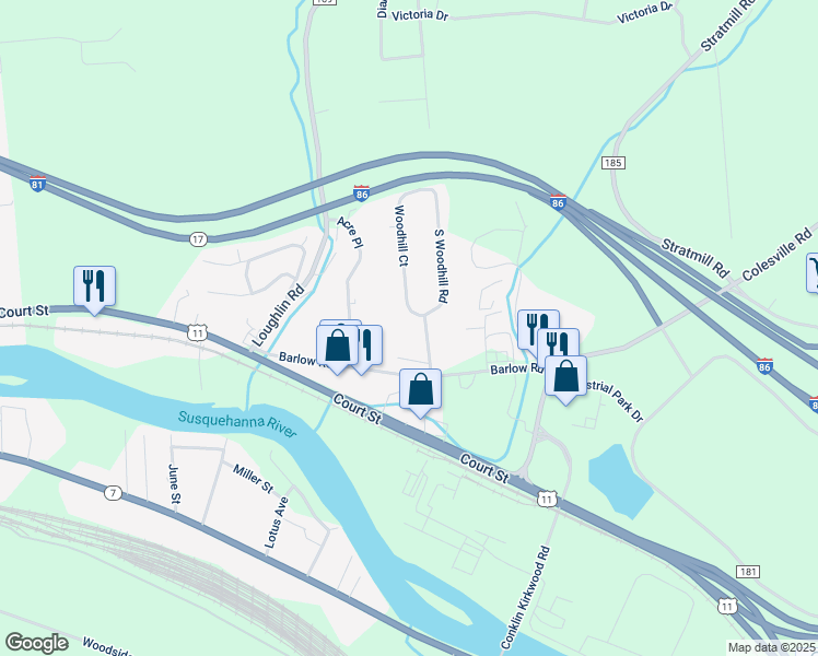 map of restaurants, bars, coffee shops, grocery stores, and more near 17 Woodhill Court in Binghamton