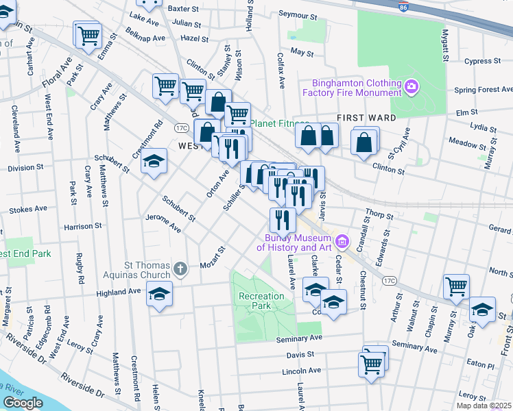 map of restaurants, bars, coffee shops, grocery stores, and more near 12 Goethe Street in Binghamton