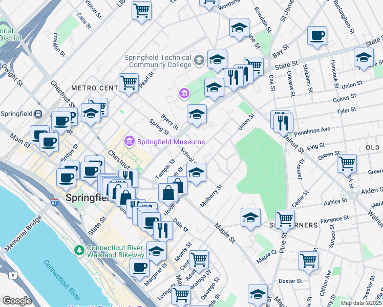 map of restaurants, bars, coffee shops, grocery stores, and more near 57 School Street in Springfield