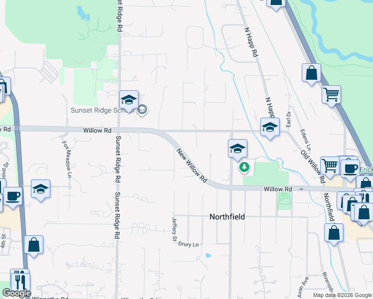 map of restaurants, bars, coffee shops, grocery stores, and more near 2170 New Willow Road in Northfield