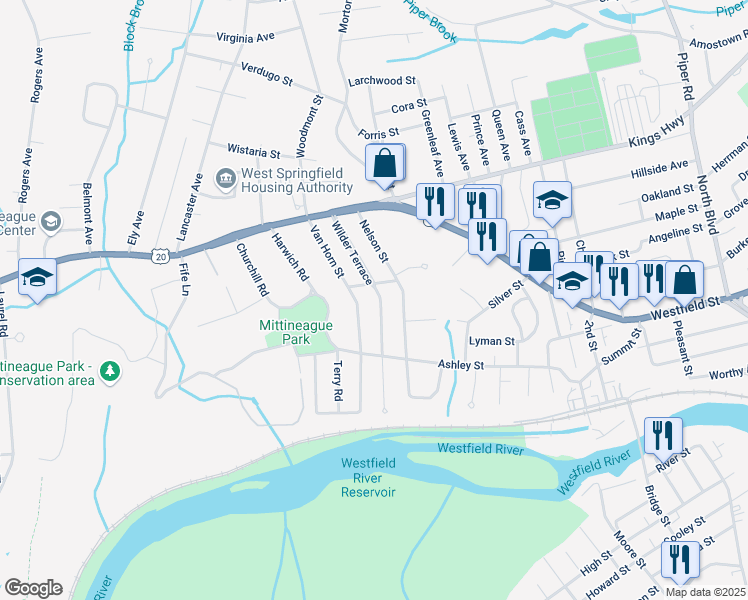 map of restaurants, bars, coffee shops, grocery stores, and more near 125 Van Horn Street in West Springfield