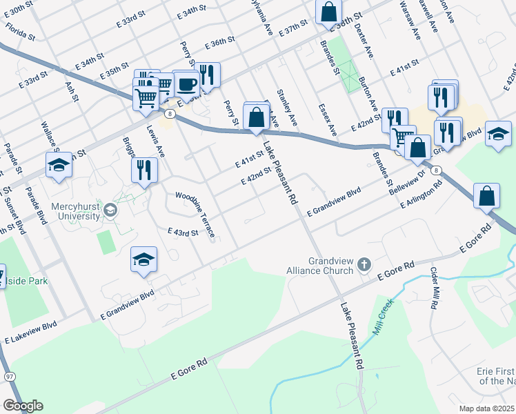 map of restaurants, bars, coffee shops, grocery stores, and more near 4314 Perry Street in Erie
