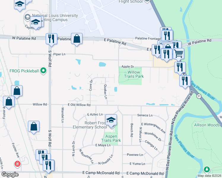 map of restaurants, bars, coffee shops, grocery stores, and more near 1489 Quaker Lane in Prospect Heights