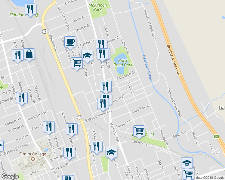 map of restaurants, bars, coffee shops, grocery stores, and more near 406 Maxwell Place in Elmira