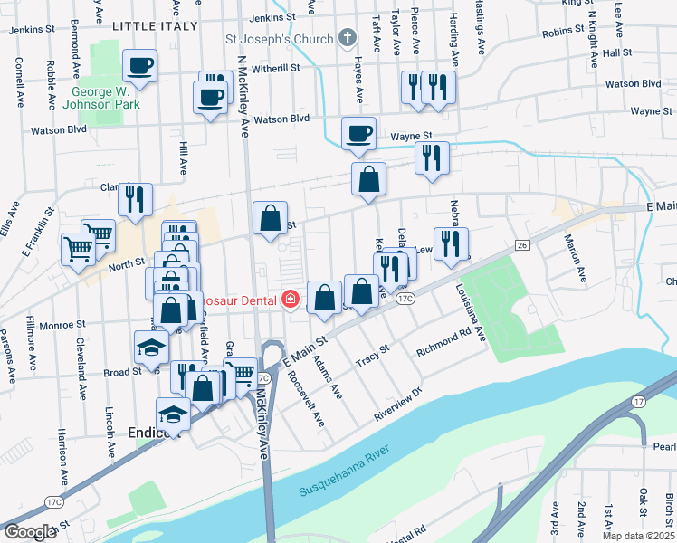 map of restaurants, bars, coffee shops, grocery stores, and more near 34 Arthur Avenue in Endicott