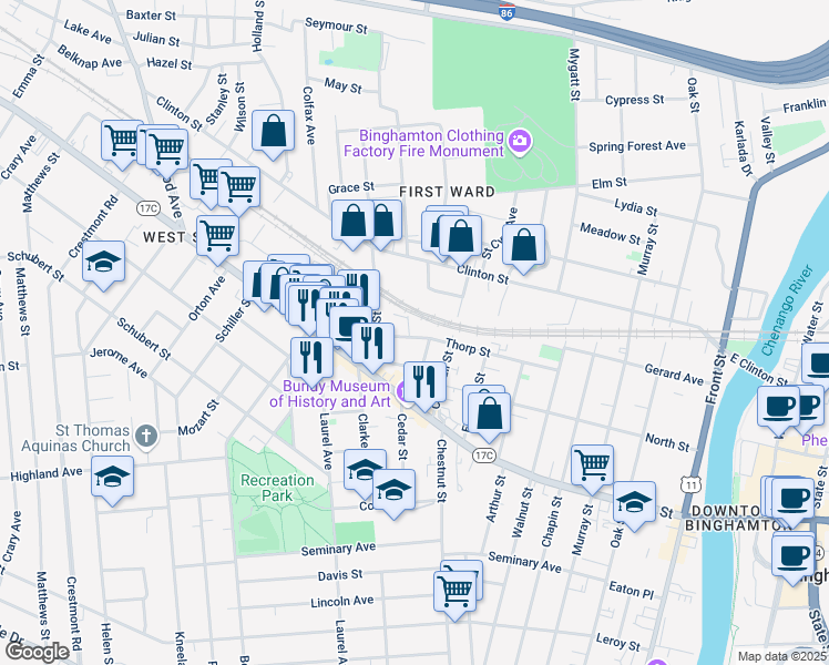 map of restaurants, bars, coffee shops, grocery stores, and more near 4-6 Balcom Avenue in Binghamton