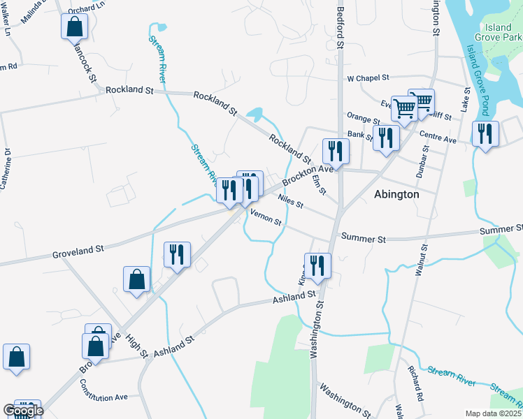 map of restaurants, bars, coffee shops, grocery stores, and more near 94 Margaret Road in Abington