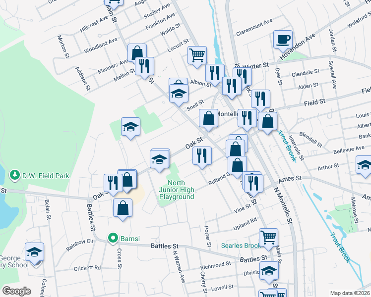 map of restaurants, bars, coffee shops, grocery stores, and more near 45 Orchard Avenue in Brockton