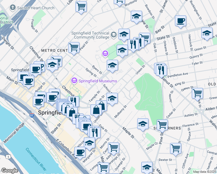 map of restaurants, bars, coffee shops, grocery stores, and more near 57 School Street in Springfield