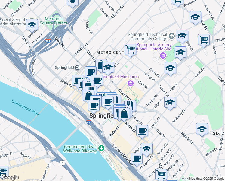 map of restaurants, bars, coffee shops, grocery stores, and more near 115-185 Dwight Street in Springfield