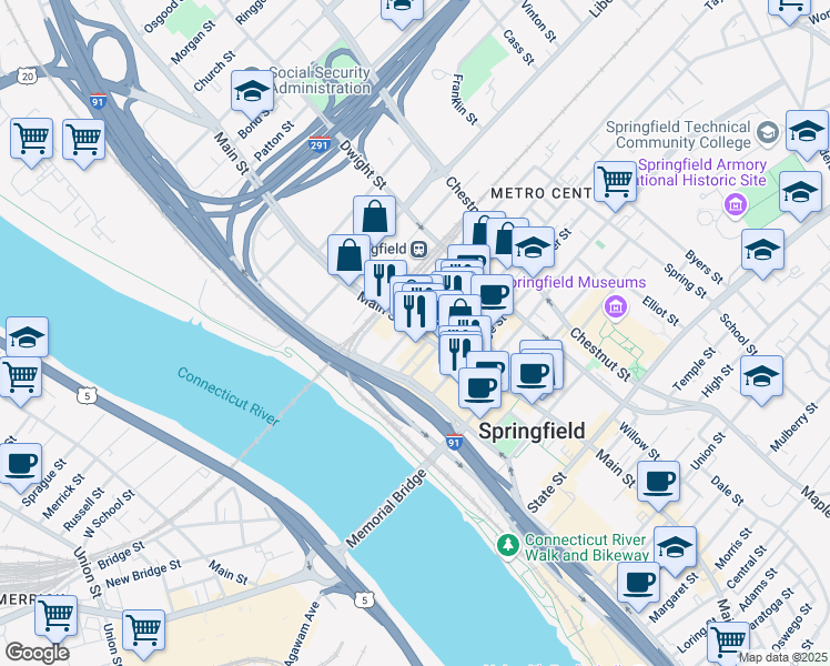 map of restaurants, bars, coffee shops, grocery stores, and more near 20 Fort Street in Springfield