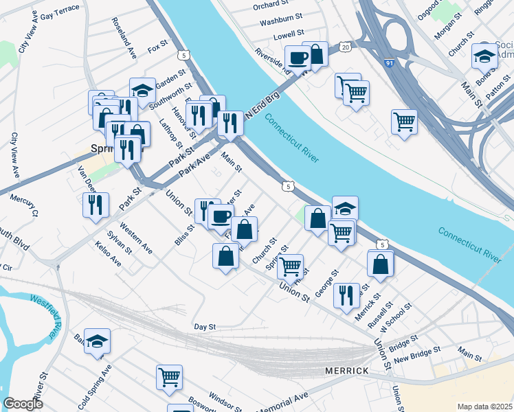 map of restaurants, bars, coffee shops, grocery stores, and more near 51 Fairview Avenue in West Springfield