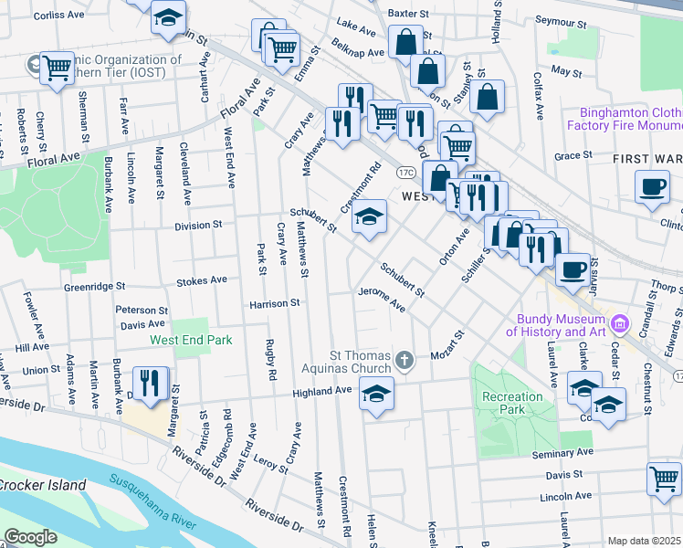 map of restaurants, bars, coffee shops, grocery stores, and more near 91 Crestmont Road in Binghamton
