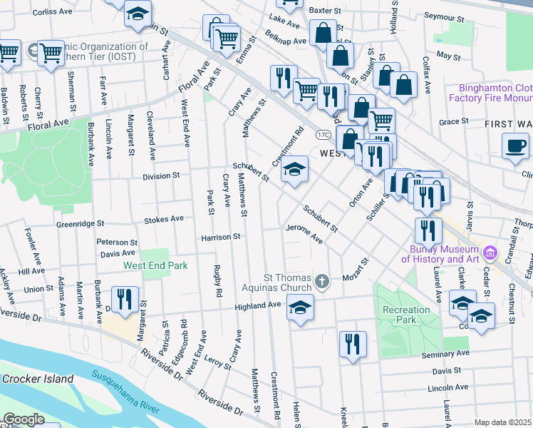 map of restaurants, bars, coffee shops, grocery stores, and more near 91 Crestmont Road in Binghamton