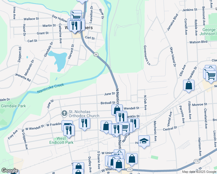 map of restaurants, bars, coffee shops, grocery stores, and more near 107 June Street in Endicott