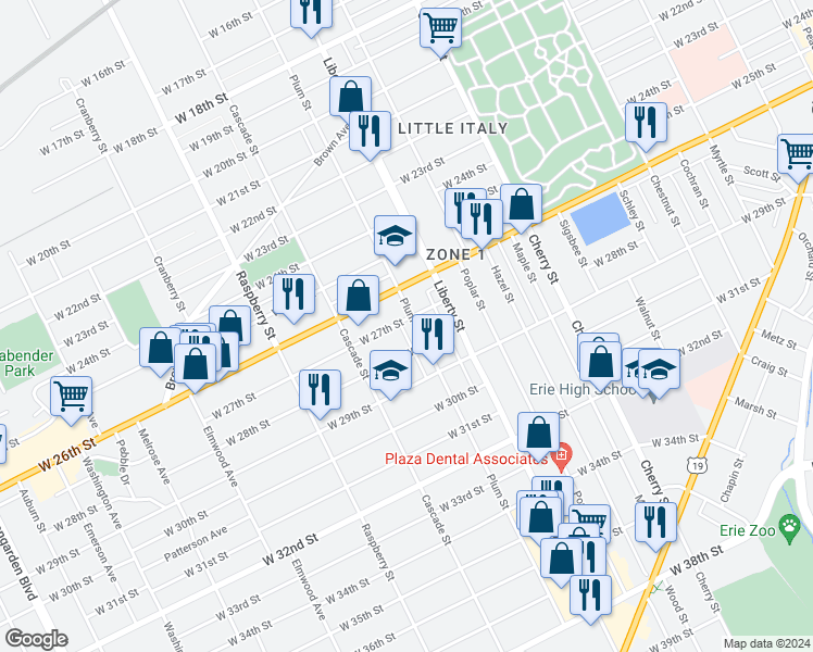 map of restaurants, bars, coffee shops, grocery stores, and more near 2728 Plum Street in Erie