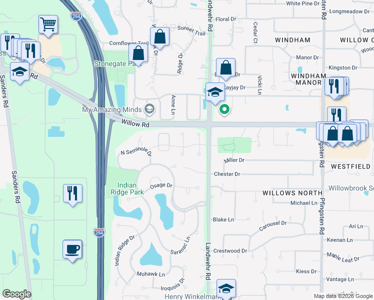 map of restaurants, bars, coffee shops, grocery stores, and more near 3260 Brookdale Lane in Northbrook