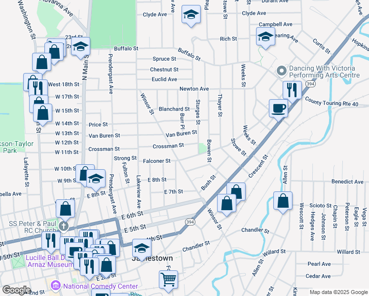 map of restaurants, bars, coffee shops, grocery stores, and more near 500 Winsor Street in Jamestown