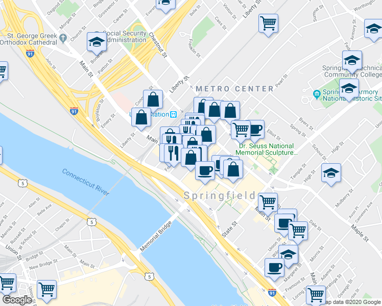 map of restaurants, bars, coffee shops, grocery stores, and more near 201-207 Worthington Street in Springfield