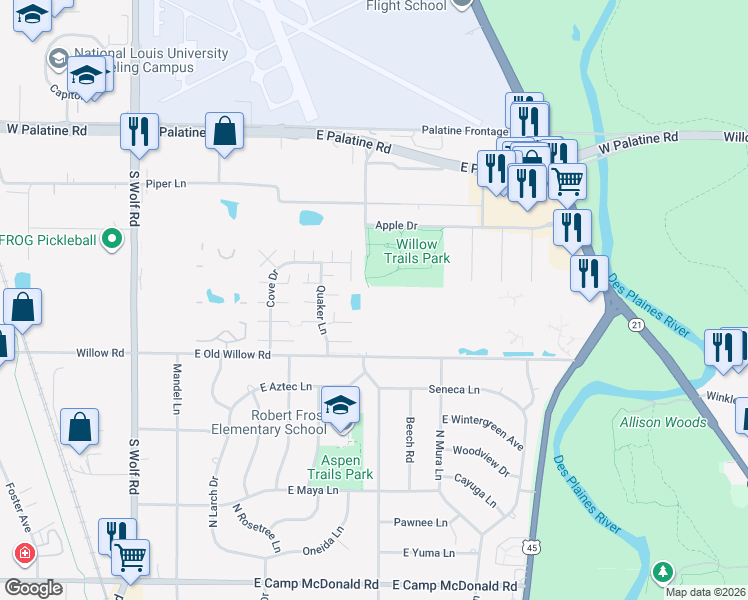 map of restaurants, bars, coffee shops, grocery stores, and more near 814 East Old Willow Road in Prospect Heights