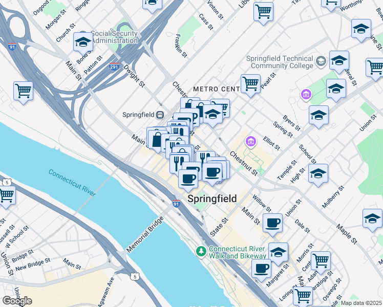 map of restaurants, bars, coffee shops, grocery stores, and more near 300 Bridge Street in Springfield