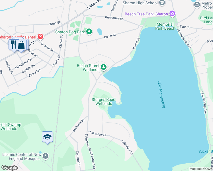 map of restaurants, bars, coffee shops, grocery stores, and more near 17 Beach Road in Sharon