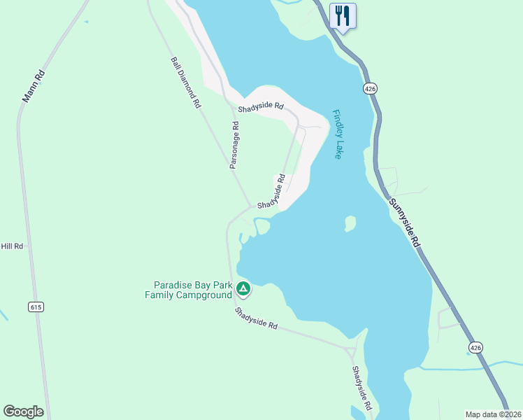 map of restaurants, bars, coffee shops, grocery stores, and more near 2420 Shadyside Road in Findley Lake