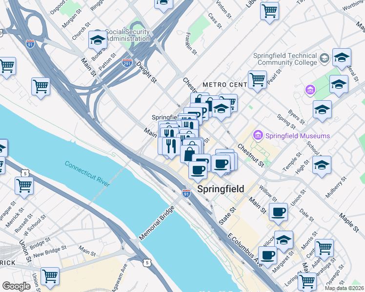 map of restaurants, bars, coffee shops, grocery stores, and more near 182 Worthington Street in Springfield