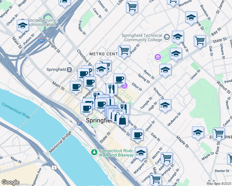 map of restaurants, bars, coffee shops, grocery stores, and more near 37 Chestnut Street in Springfield