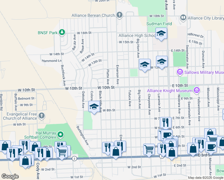 map of restaurants, bars, coffee shops, grocery stores, and more near 931 Platte Avenue in Alliance