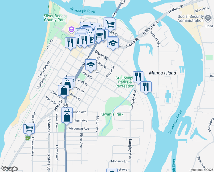 map of restaurants, bars, coffee shops, grocery stores, and more near 1014 Pearl Street in St. Joseph