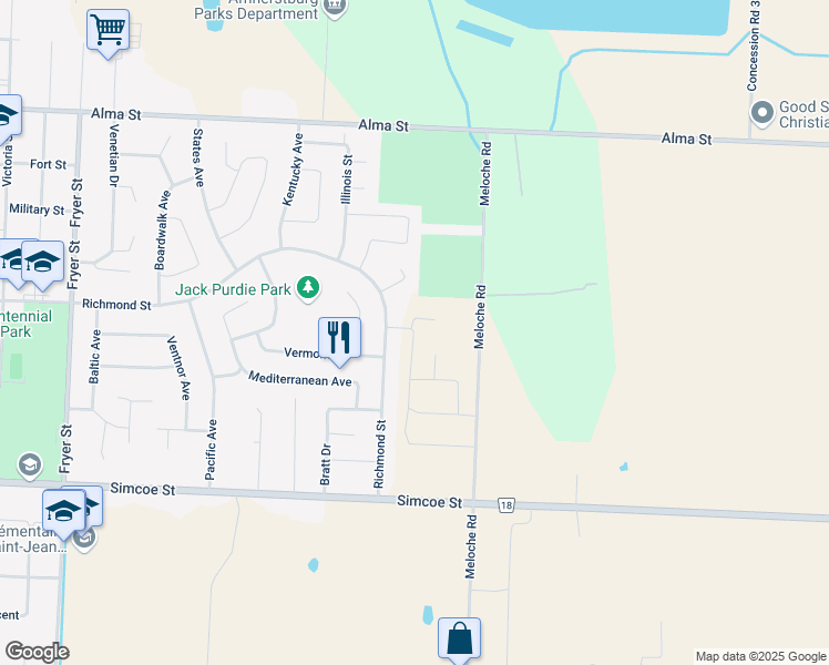 map of restaurants, bars, coffee shops, grocery stores, and more near 231 Meadowview Road in Amherstburg