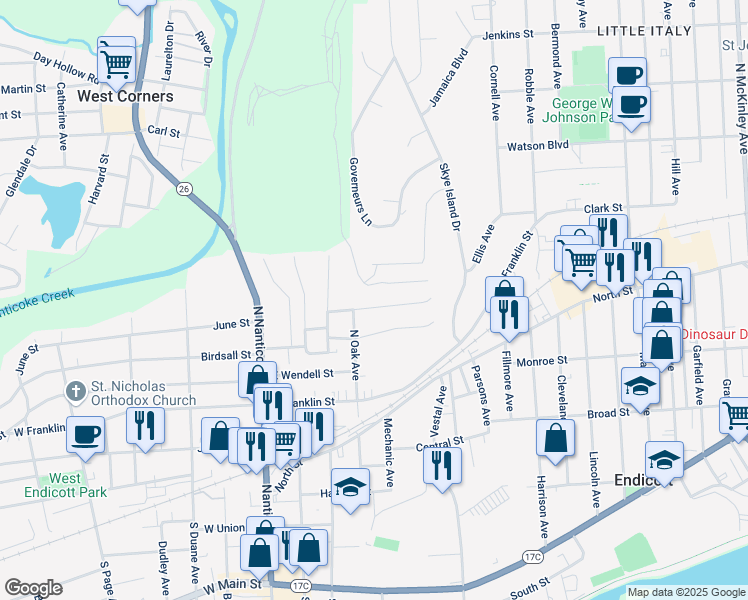 map of restaurants, bars, coffee shops, grocery stores, and more near 413 Groats Street in Endicott