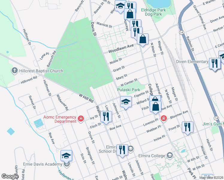 map of restaurants, bars, coffee shops, grocery stores, and more near 418 Tompkins Street in Elmira