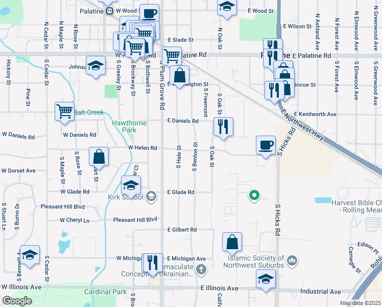 map of restaurants, bars, coffee shops, grocery stores, and more near 61 East Helen Road in Palatine