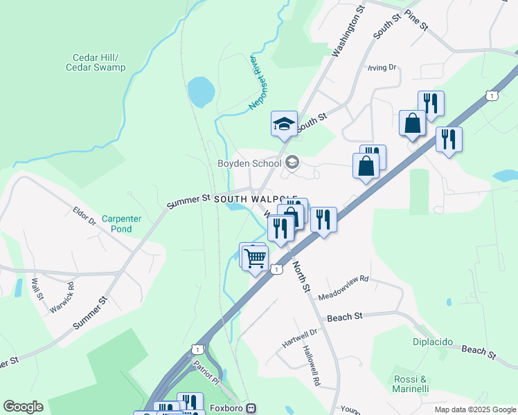 map of restaurants, bars, coffee shops, grocery stores, and more near 1896 Washington Street Extension in Walpole