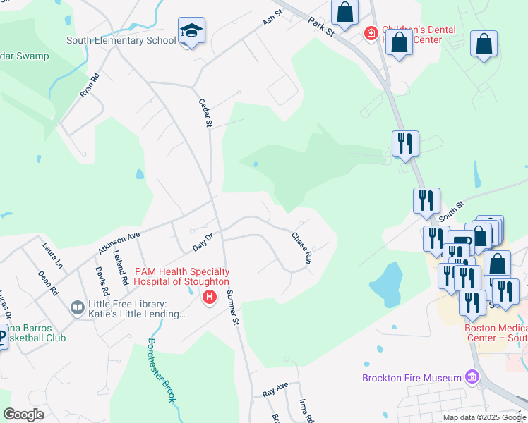 map of restaurants, bars, coffee shops, grocery stores, and more near 8 Penniman Court in Stoughton