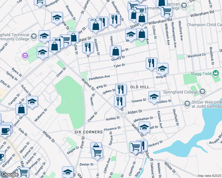 map of restaurants, bars, coffee shops, grocery stores, and more near 29 Lebanon Street in Springfield