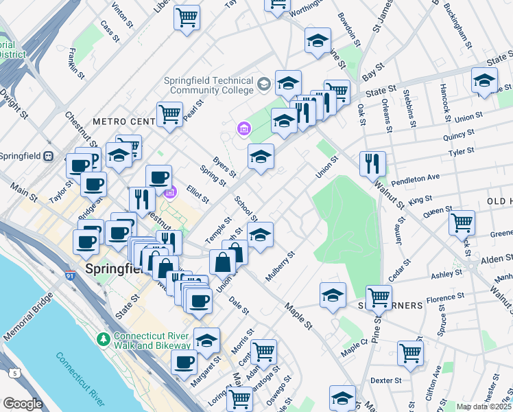 map of restaurants, bars, coffee shops, grocery stores, and more near 57 School Street in Springfield