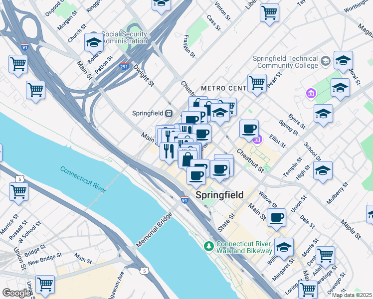 map of restaurants, bars, coffee shops, grocery stores, and more near 1500 Main Street in Springfield