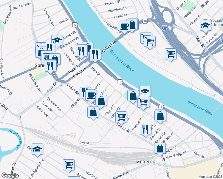 map of restaurants, bars, coffee shops, grocery stores, and more near 23 Irving Street in West Springfield